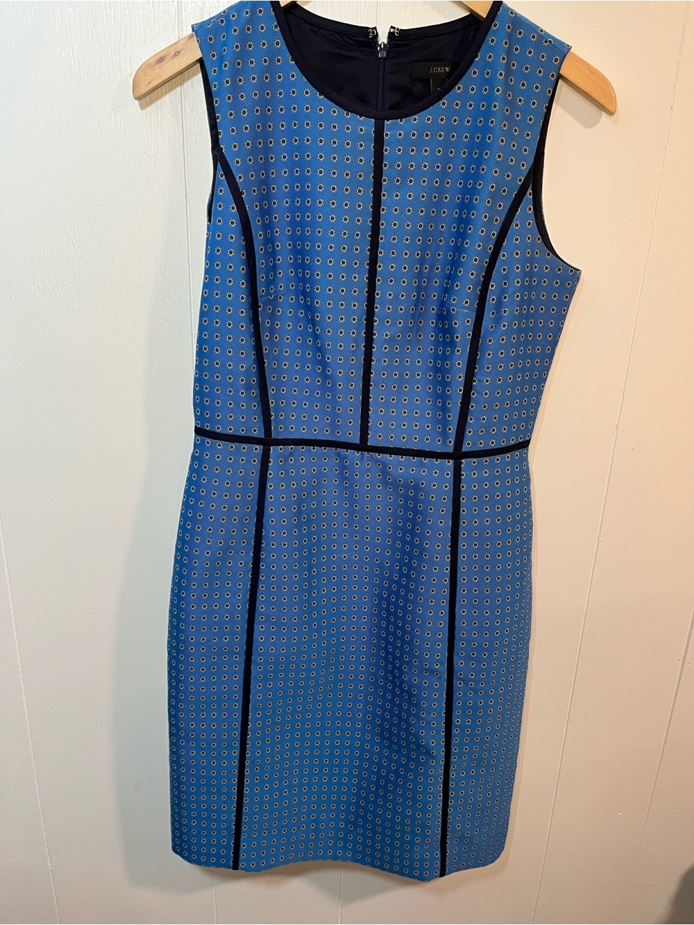 J. Crew Sleeveless Blue Patterned Sheath Dress with Black Piping